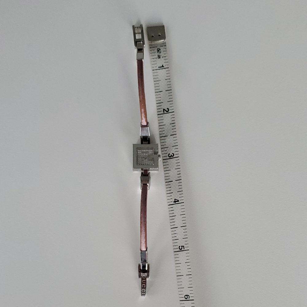 White Gold and Diamond Face G Watch With Pink Strap. - Picture 3 of 8